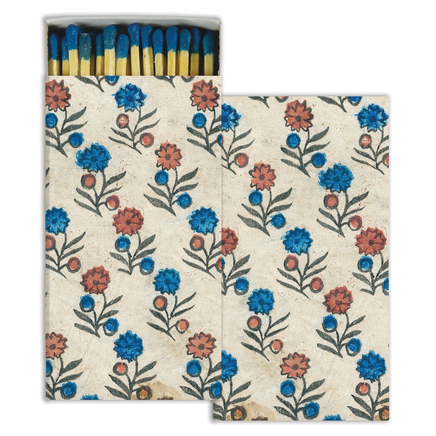 Dominotes match covers with cream base and blue/red floral pattern, two pieces
