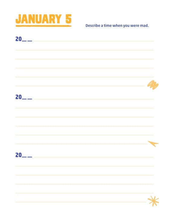 Q&A a Day for Kids journal page for Jan 5: 'Describe a time when you were mad' prompt