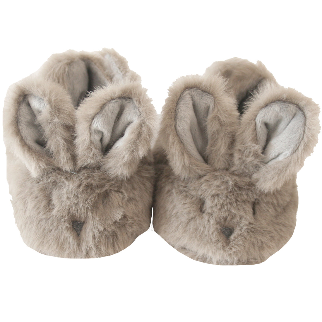 Pair of grey faux-fur bunny booties with big ear cuffs and soft textured fabric