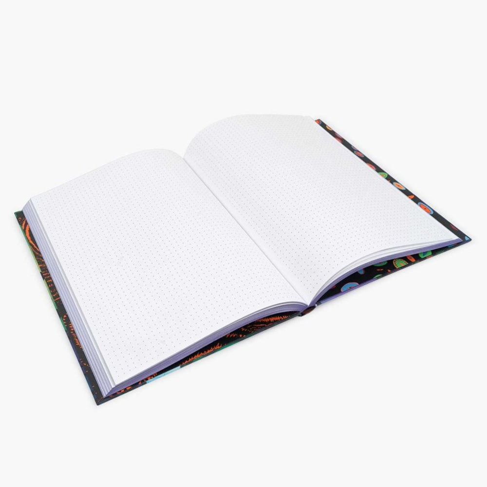 Open Yayoi Kusama art journal with blank white pages and colorful spine edge