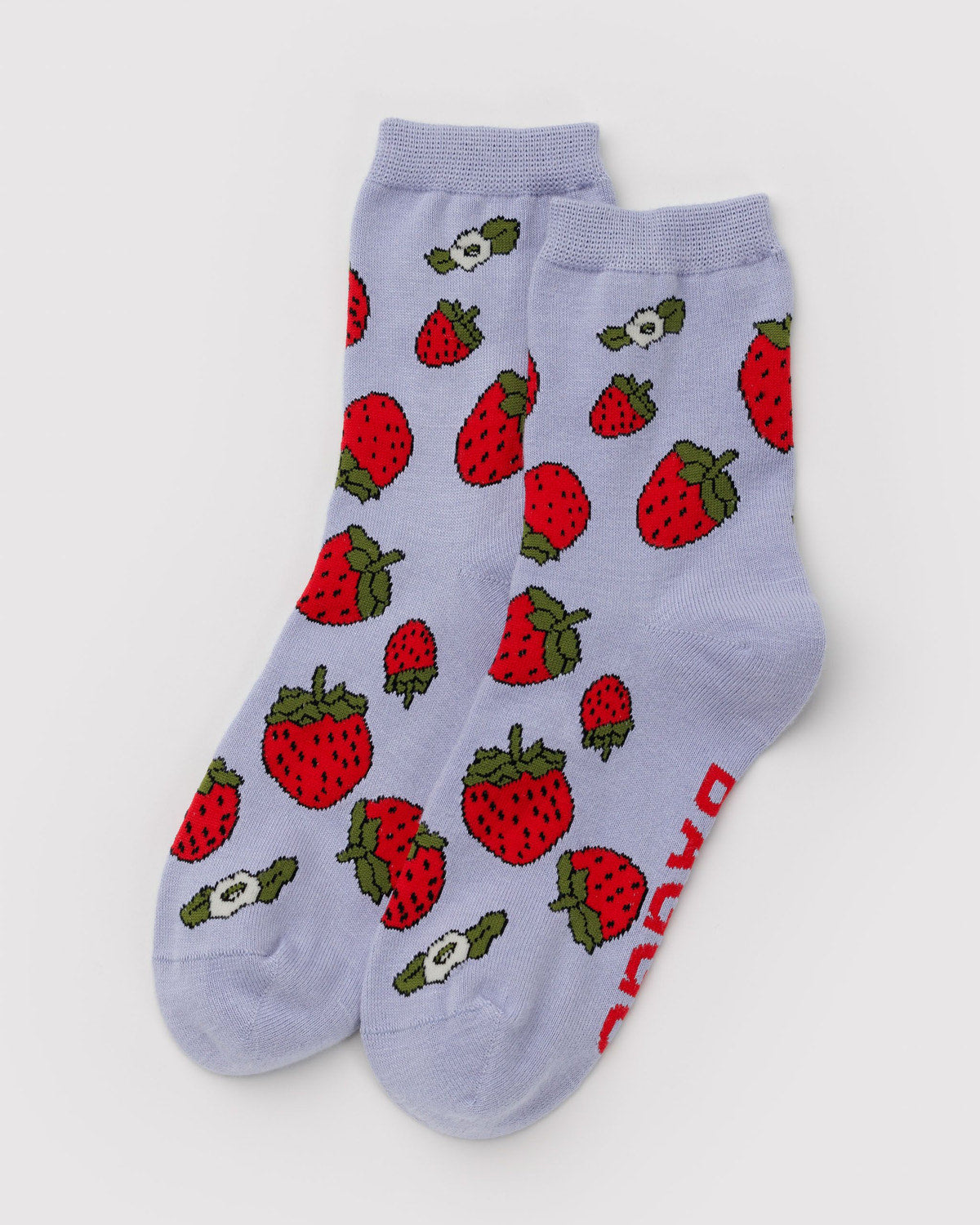 Crew-length socks in light blue-lavender with red strawberries and green leaves, pair.