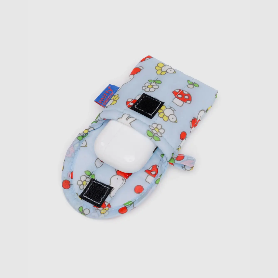Light blue puffy earbuds case with earbuds inside and a cartoon bug print
