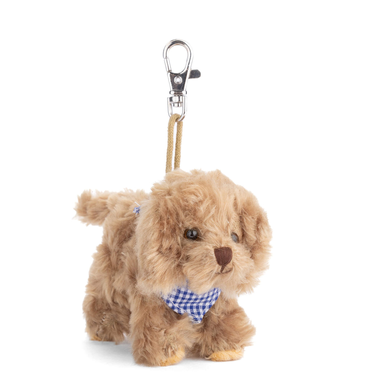 Kharma & Buddylina bag charm, tan plush dog with blue checkered bandana and clip
