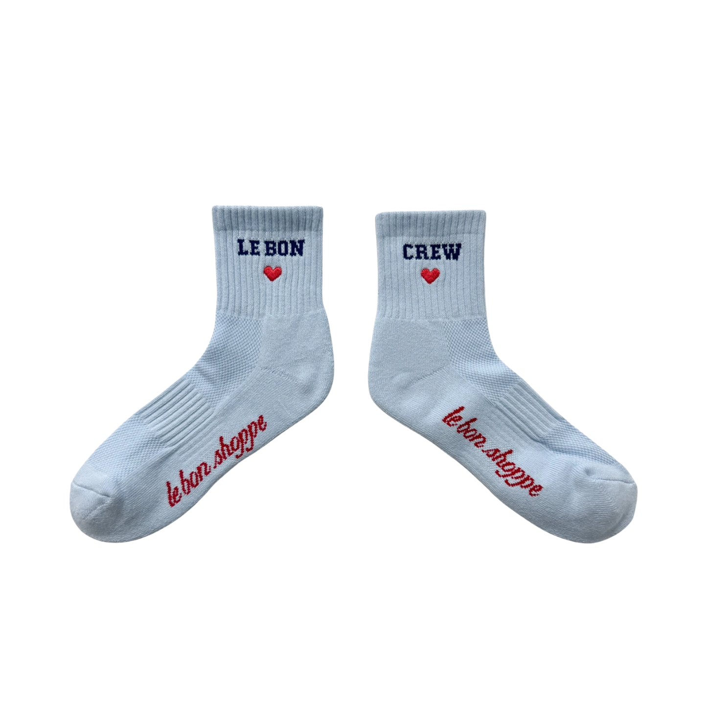 Embroidered crew socks, sky blue with CREW cuff text and red heart
