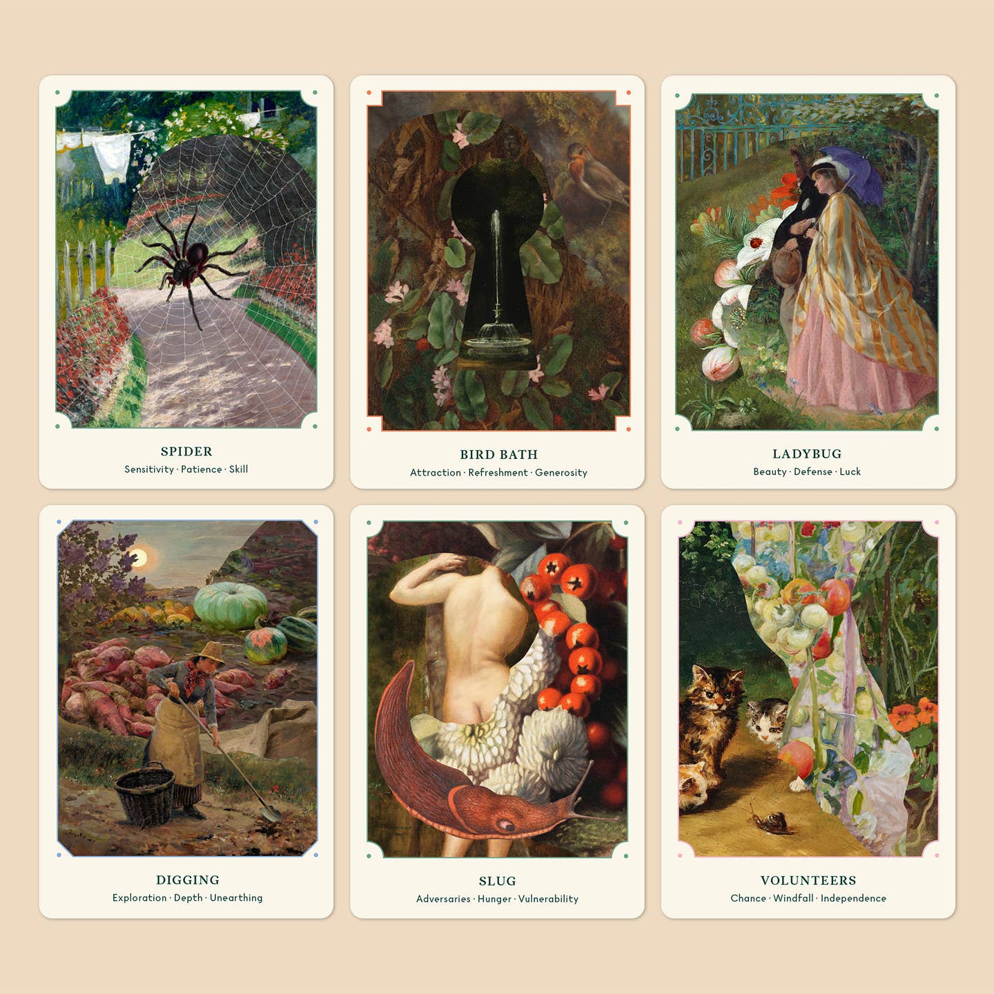 Illustrated oracle cards featuring nature scenes and animal characters