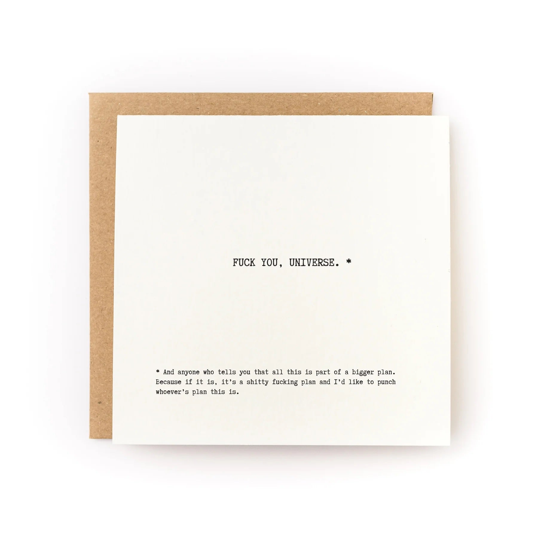 Letterpress greeting card with “FUCK YOU, UNIVERSE” printed and small fine text