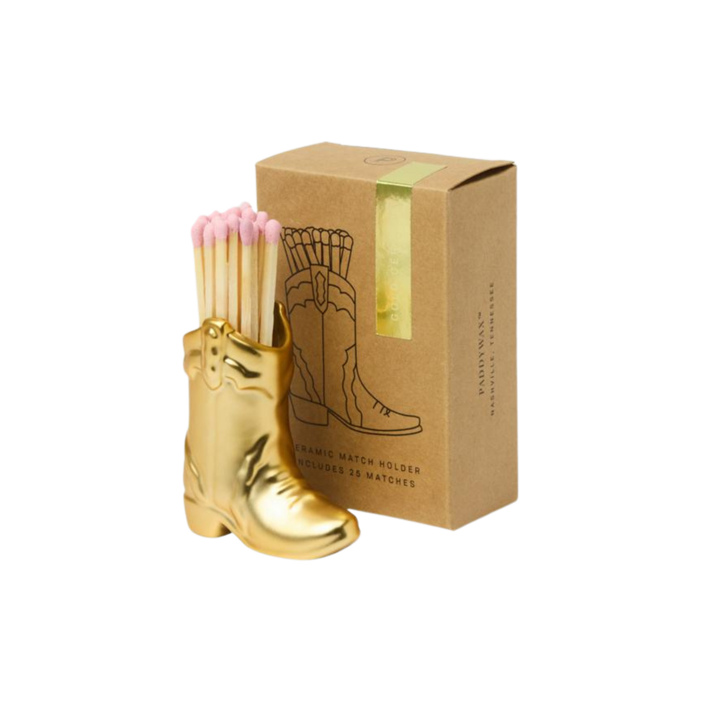 Ceramic cowboy boot match holder in gold metallic, holding pink-tipped wooden matches