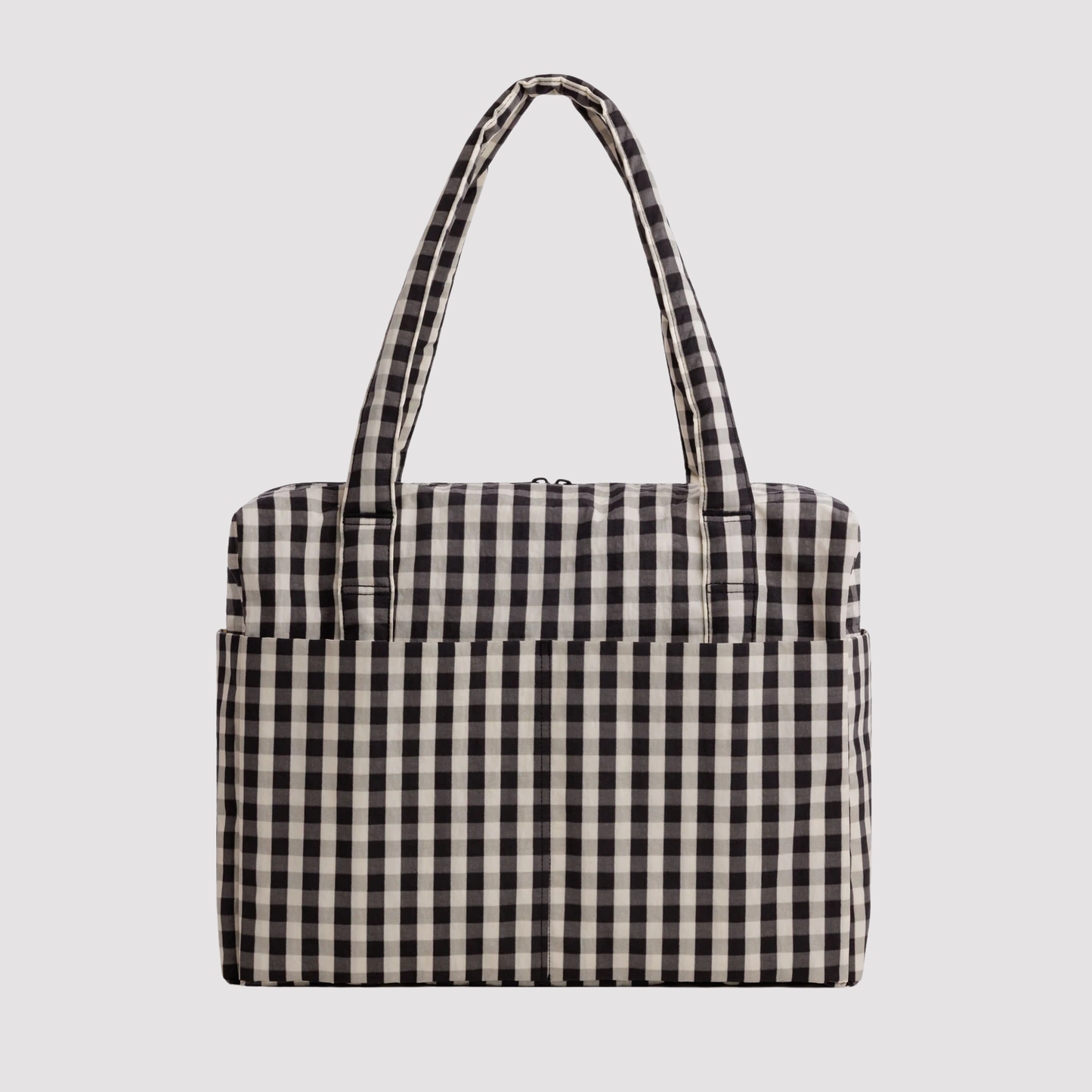 Carry-on bag in black-and-white gingham with top handles and zip front pocket