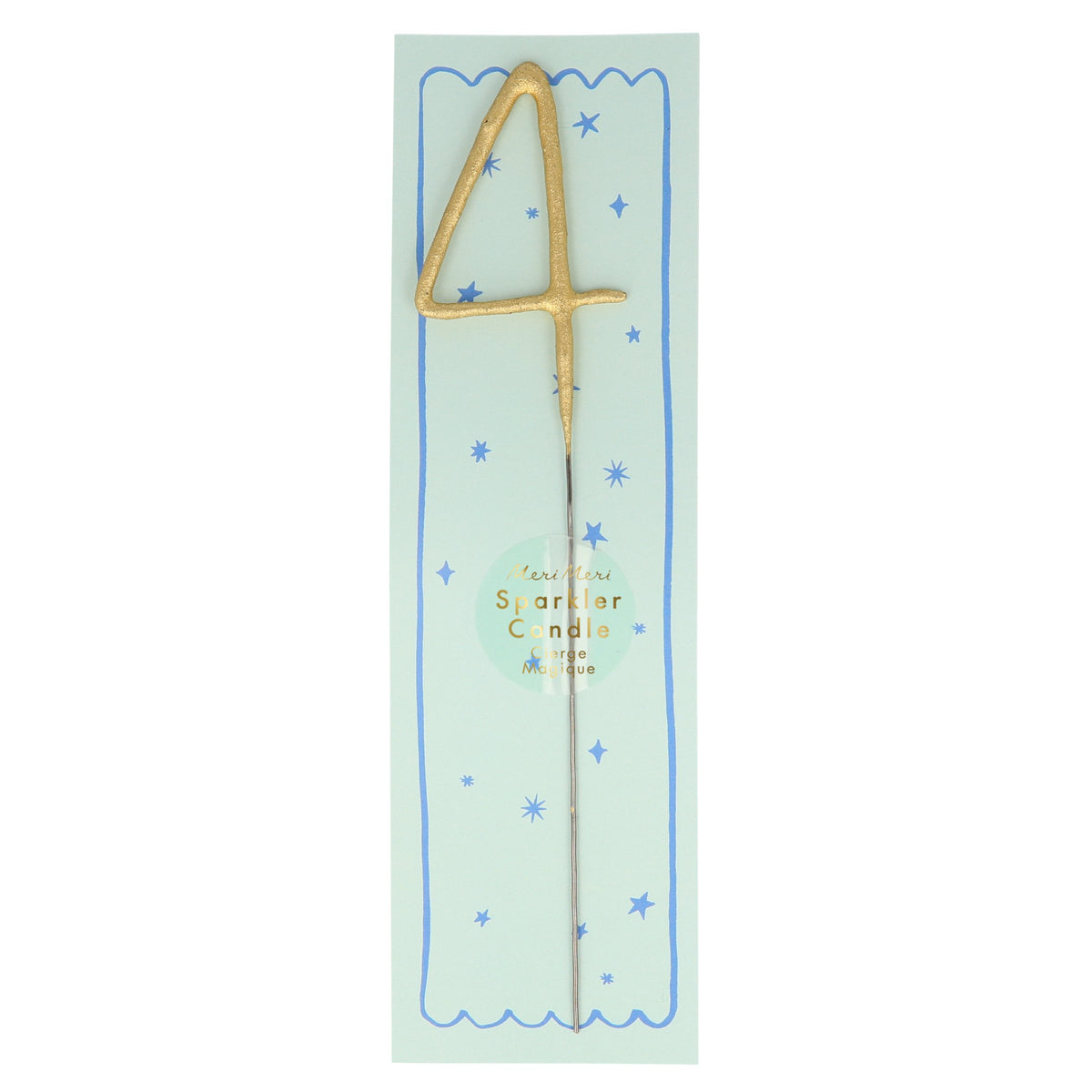 Gold number sparkler candle 4 with blue star pattern and pale blue center