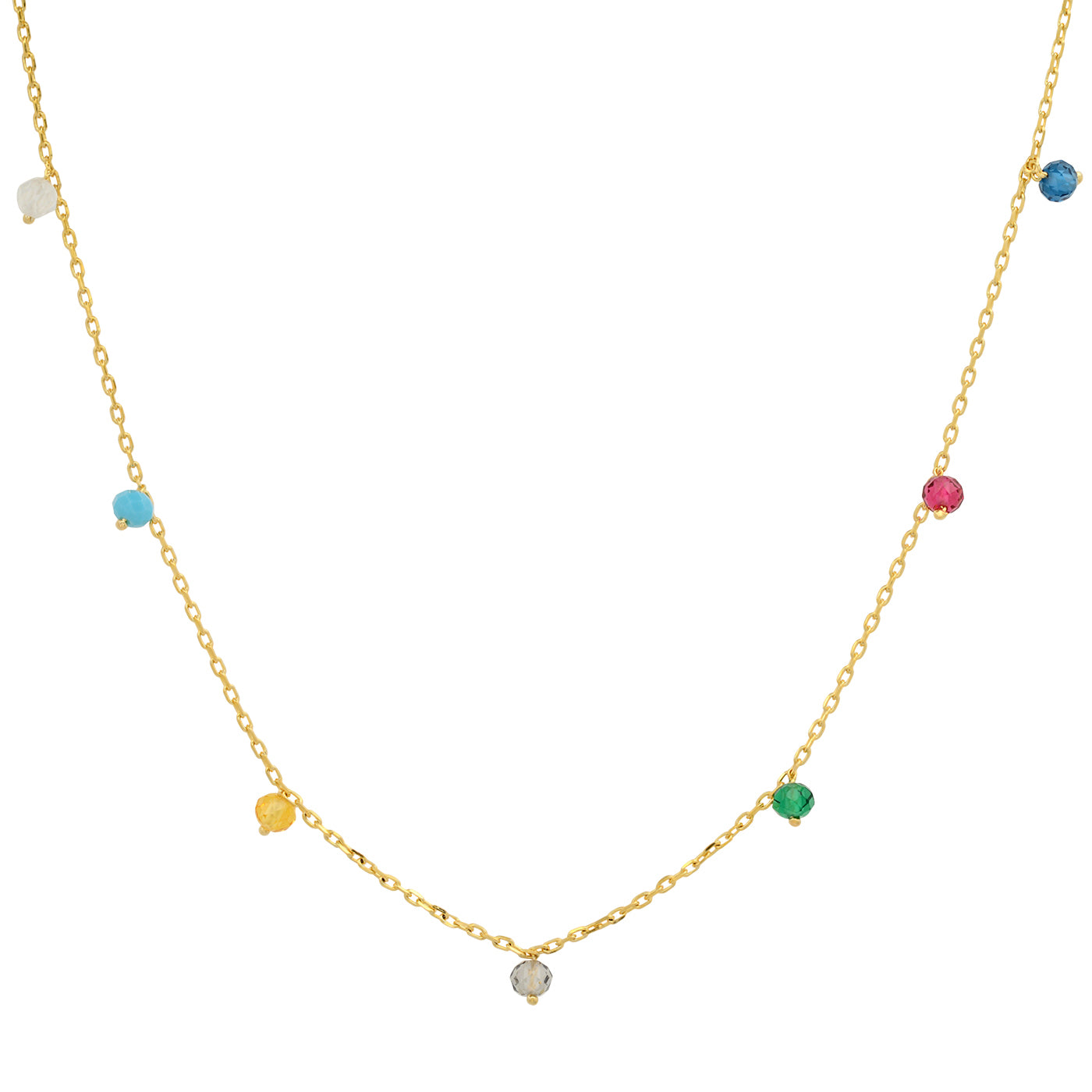 Gold-tone station necklace with multicolored CZ beads and clear center charm