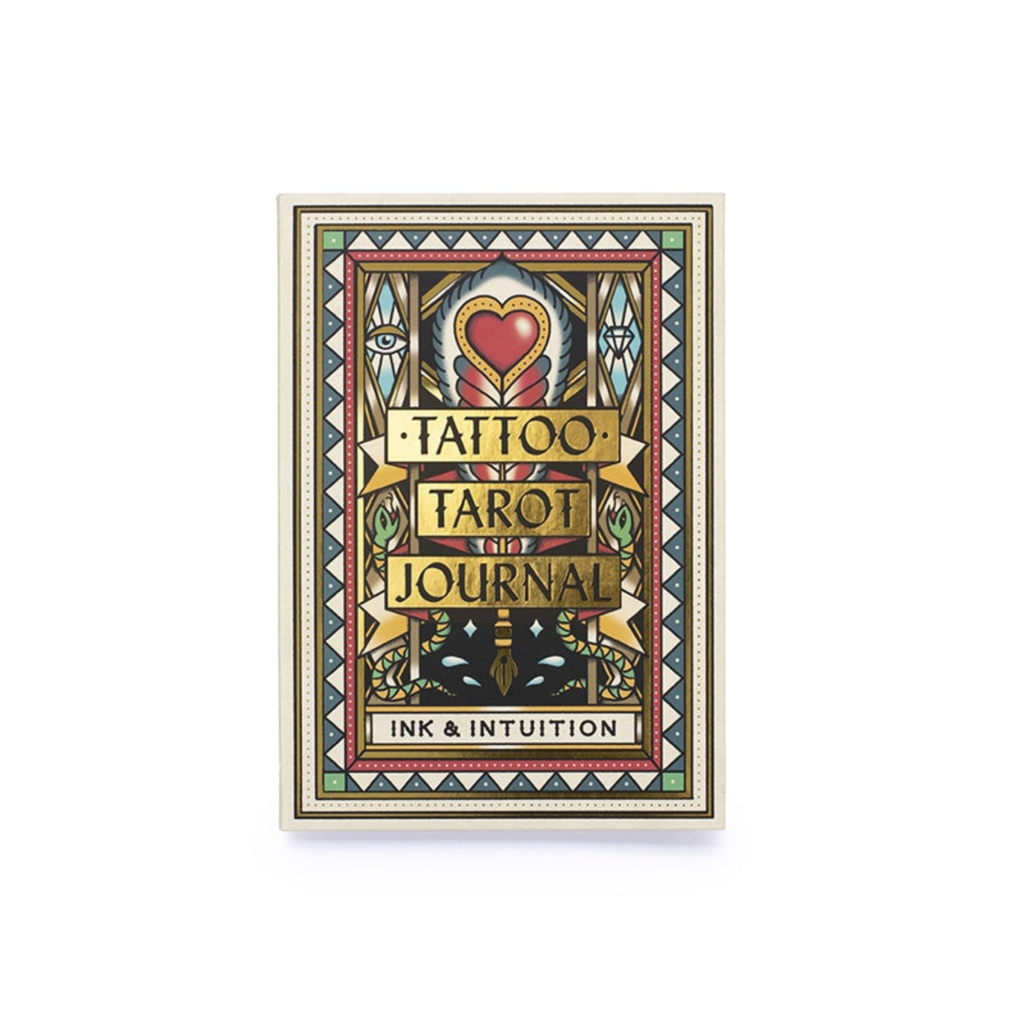 Tattoo tarot journal cover with heart graphic and “Ink & Intuition” title text