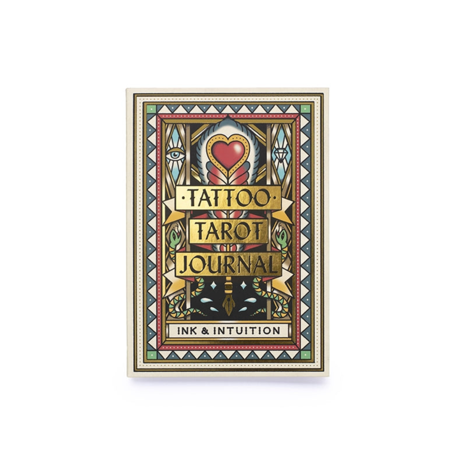 Tattoo tarot journal cover with heart graphic and “Ink & Intuition” title text