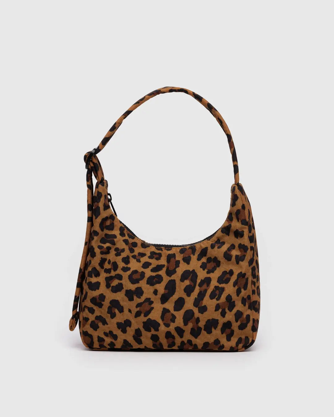 Mini nylon shoulder bag in leopard print with short top handle and tie tassel