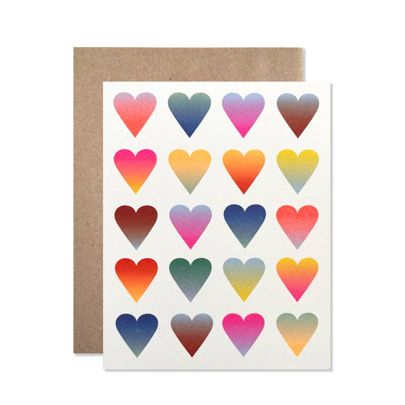 Decorative card with neon gradient hearts, multiple small heart shapes
