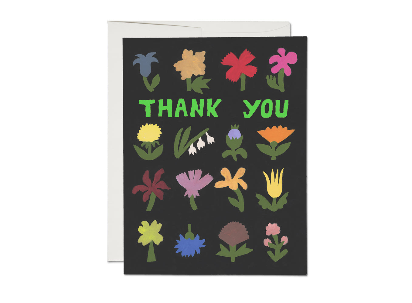 Thank you card with colorful flower illustrations and dark green cover
