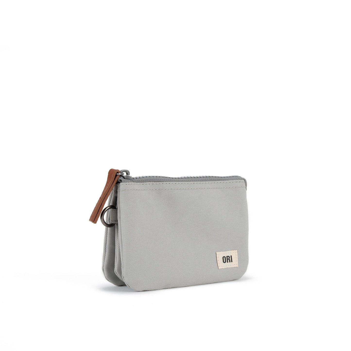 Small mist canvas zipper pouch, angled view, leather pull and ORI logo patch