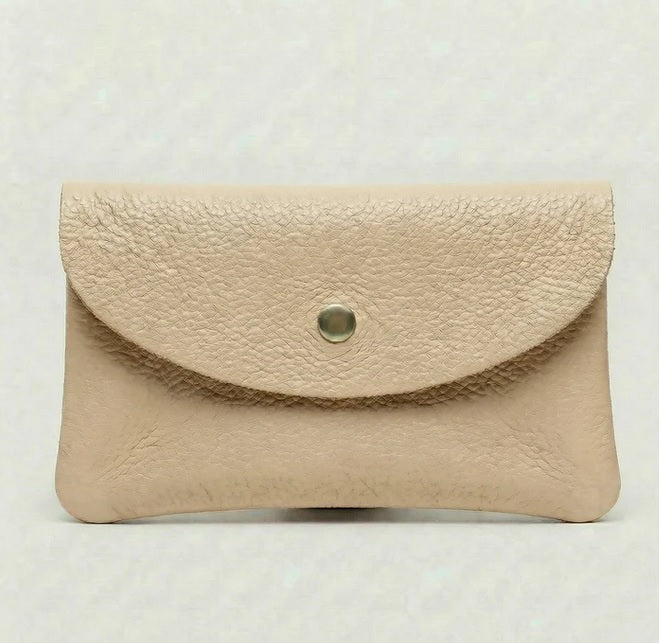 Beige pebble leather wallet with front flap and brass snap button