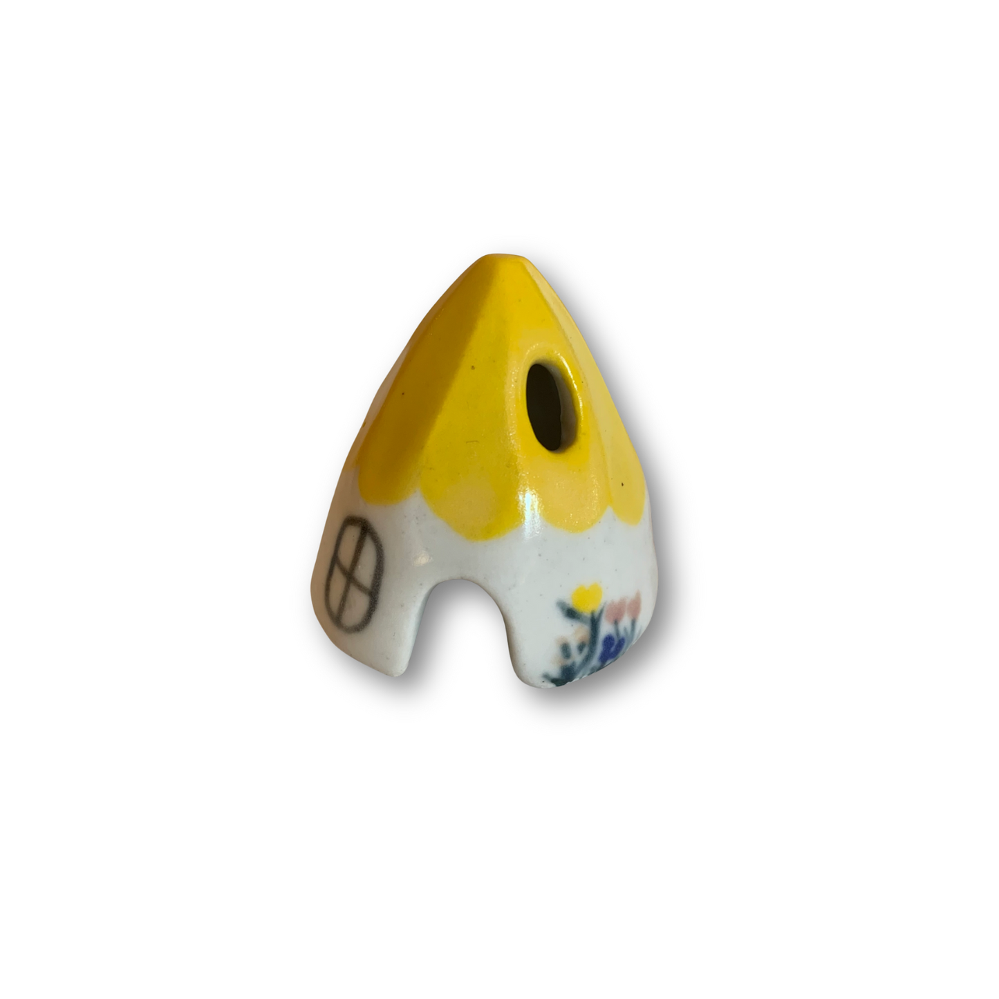 Yellow ceramic mouse incense cone burner with peace symbol and flower decals