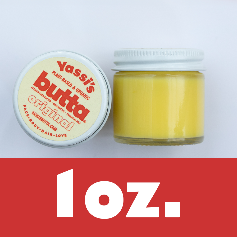 1 oz organic hair-and-body lotion jar with Yassi's Butta label, yellow balm