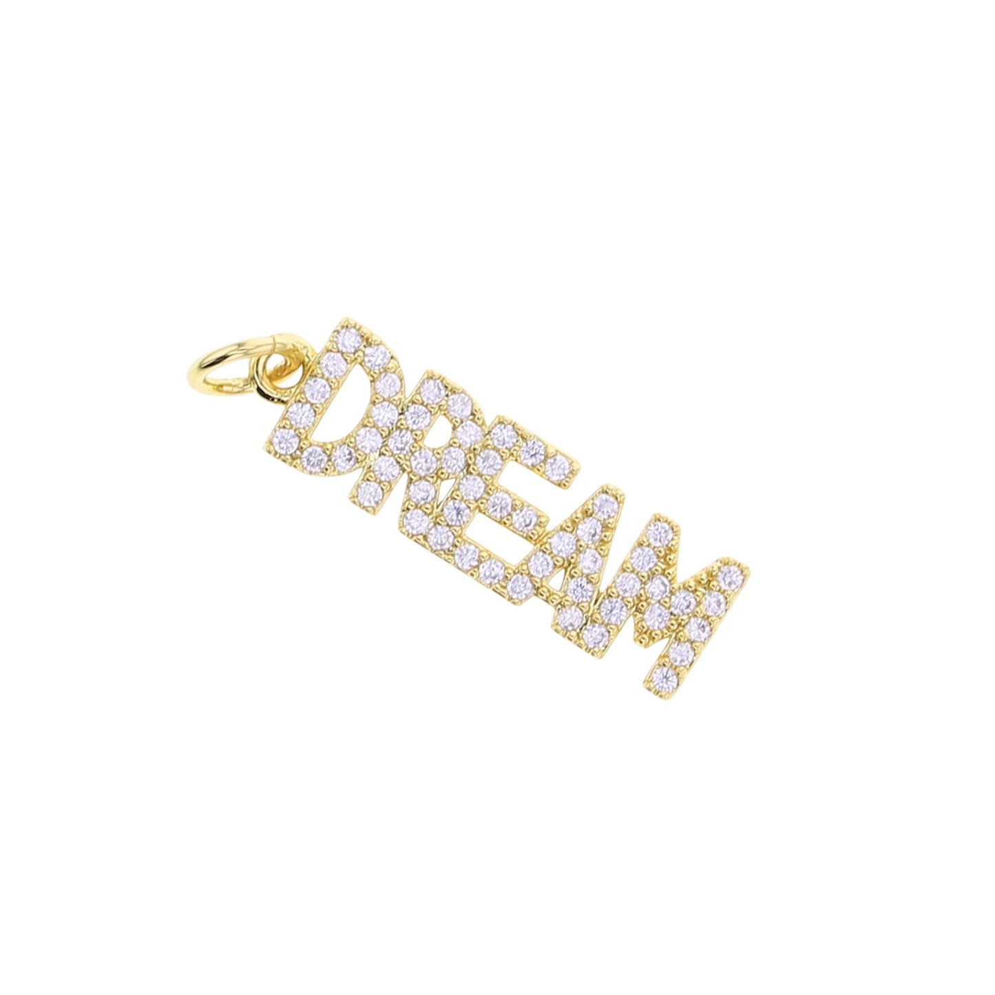 Gold-tone CZ letter charm reading 'Dream' with top loop bail