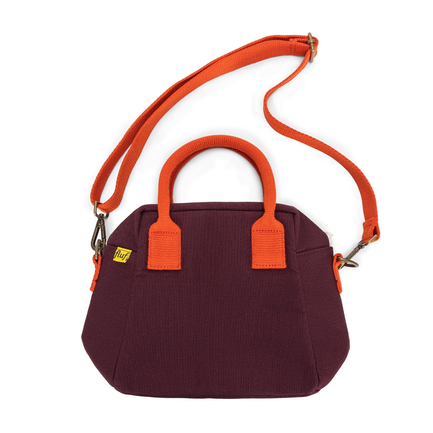 Lunch clutch bag in fig purple with orange handles and side zipper