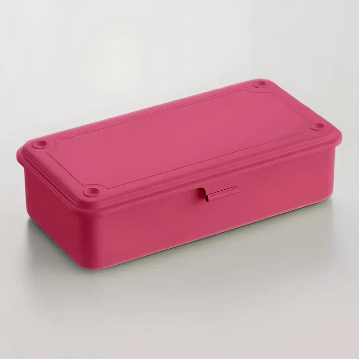 Steel stackable storage box, bright pink with hinged lid and handle slot