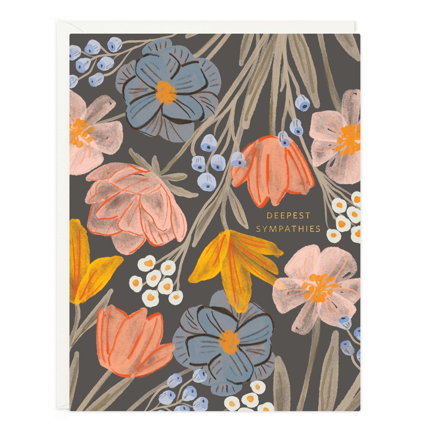Sympathy card with dark floral bouquet design and 'Deepest Sympathy' wording
