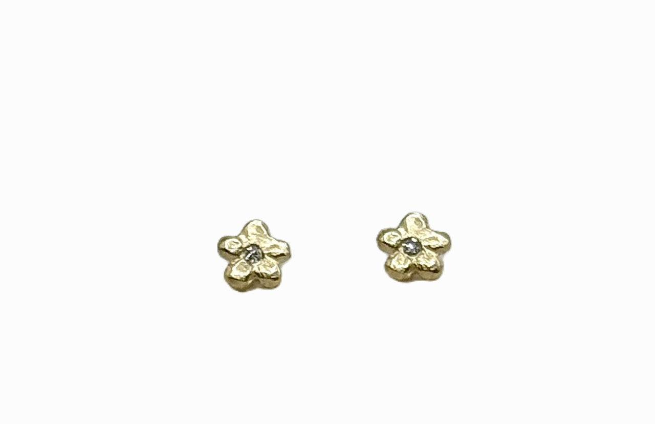 14k yellow gold tiny flower stud earrings with small diamond centers