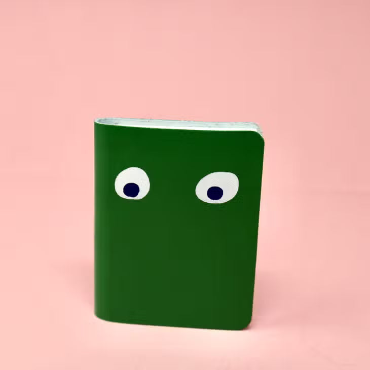 Dark green mini leather notebook with two white googly eyes on the cover