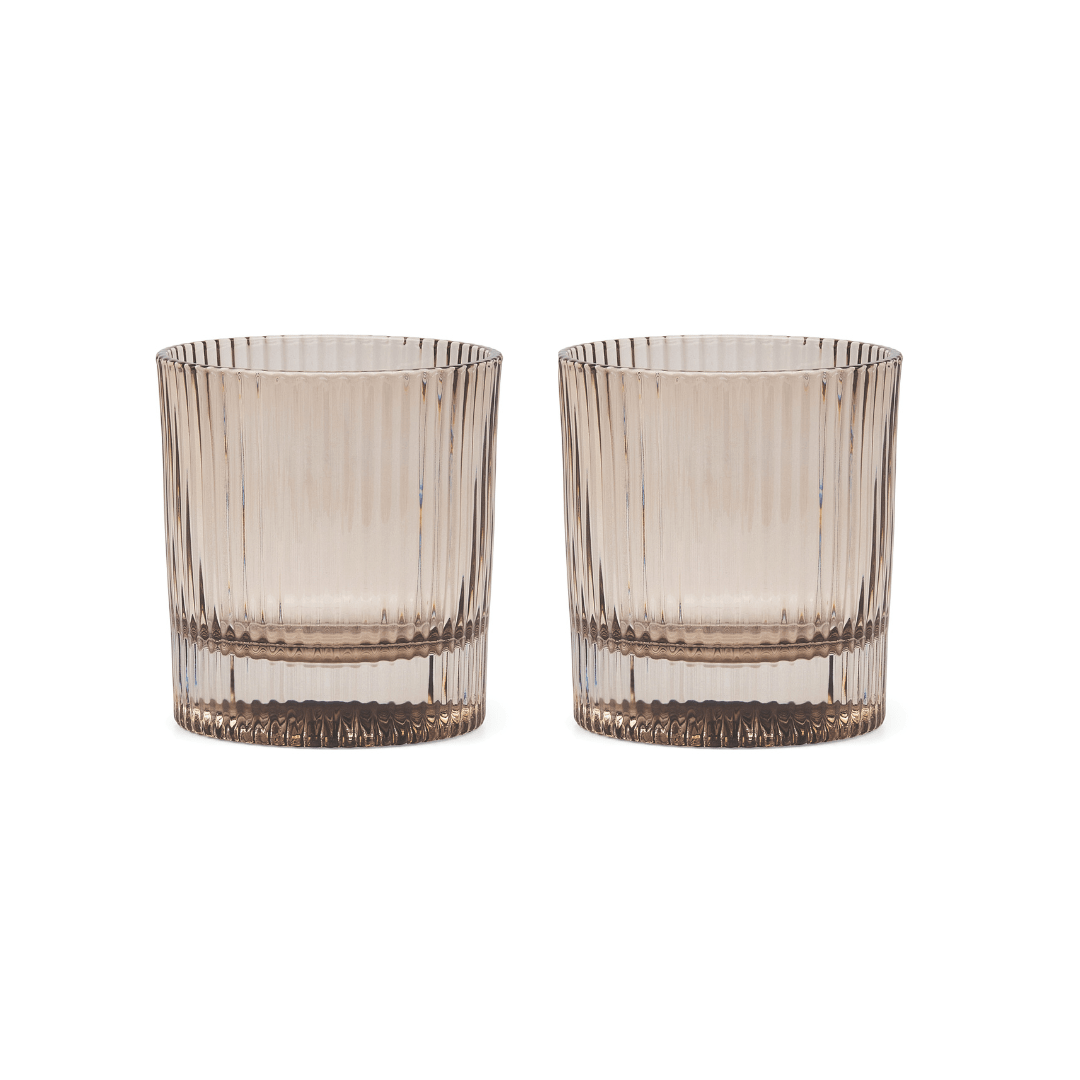 Set of two lowball glasses in smoke gray with ribbed sides and dark base band