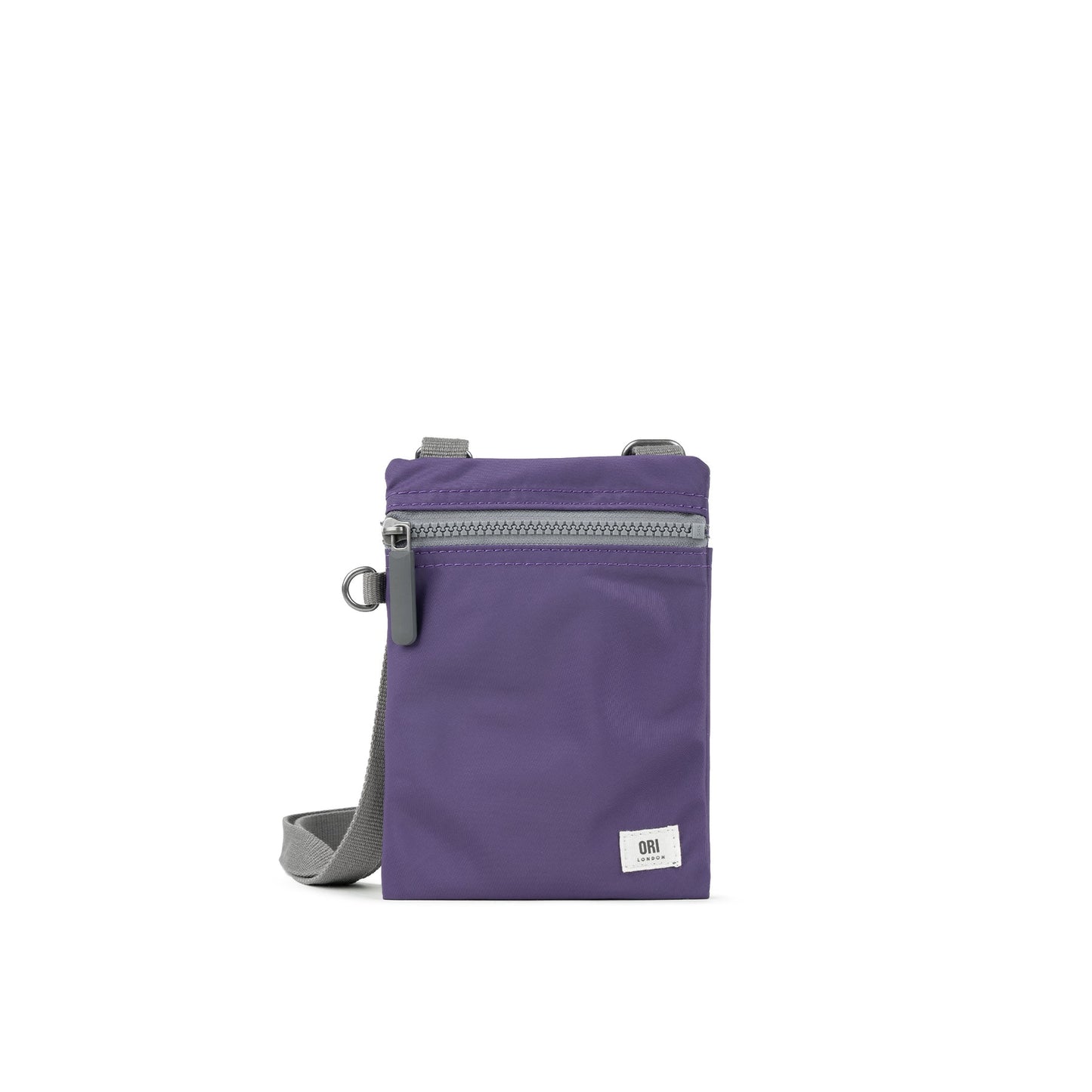 Lavender purple recycled nylon pocket crossbody bag with top zipper and gray adjustable strap