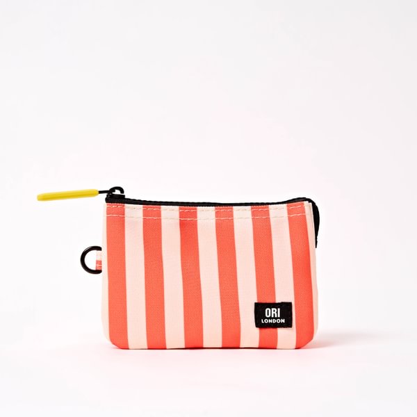 Small canvas zipper pouch, coral and white vertical stripes with ORI London label