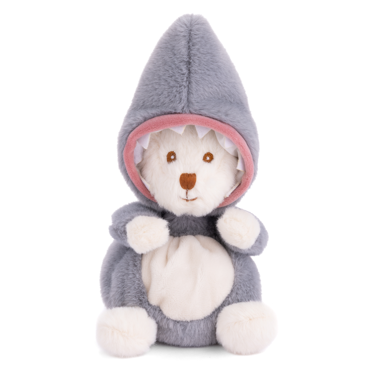 Grey hooded shark plush with pink-lined hood, white face, bowtie and plush belly