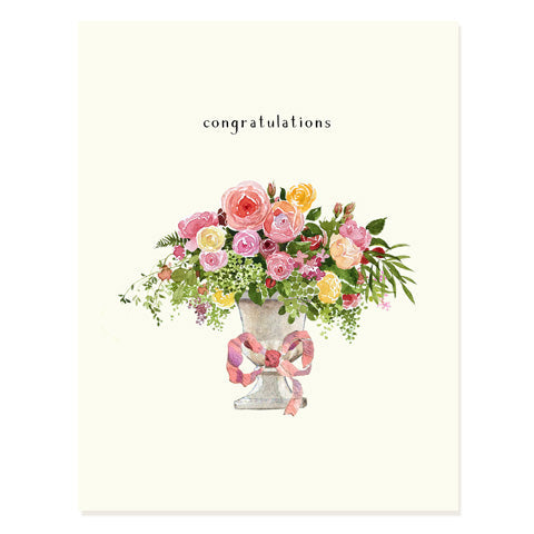 Wedding card with 'congratulations' text, pink floral bouquet centerpiece and bow detail
