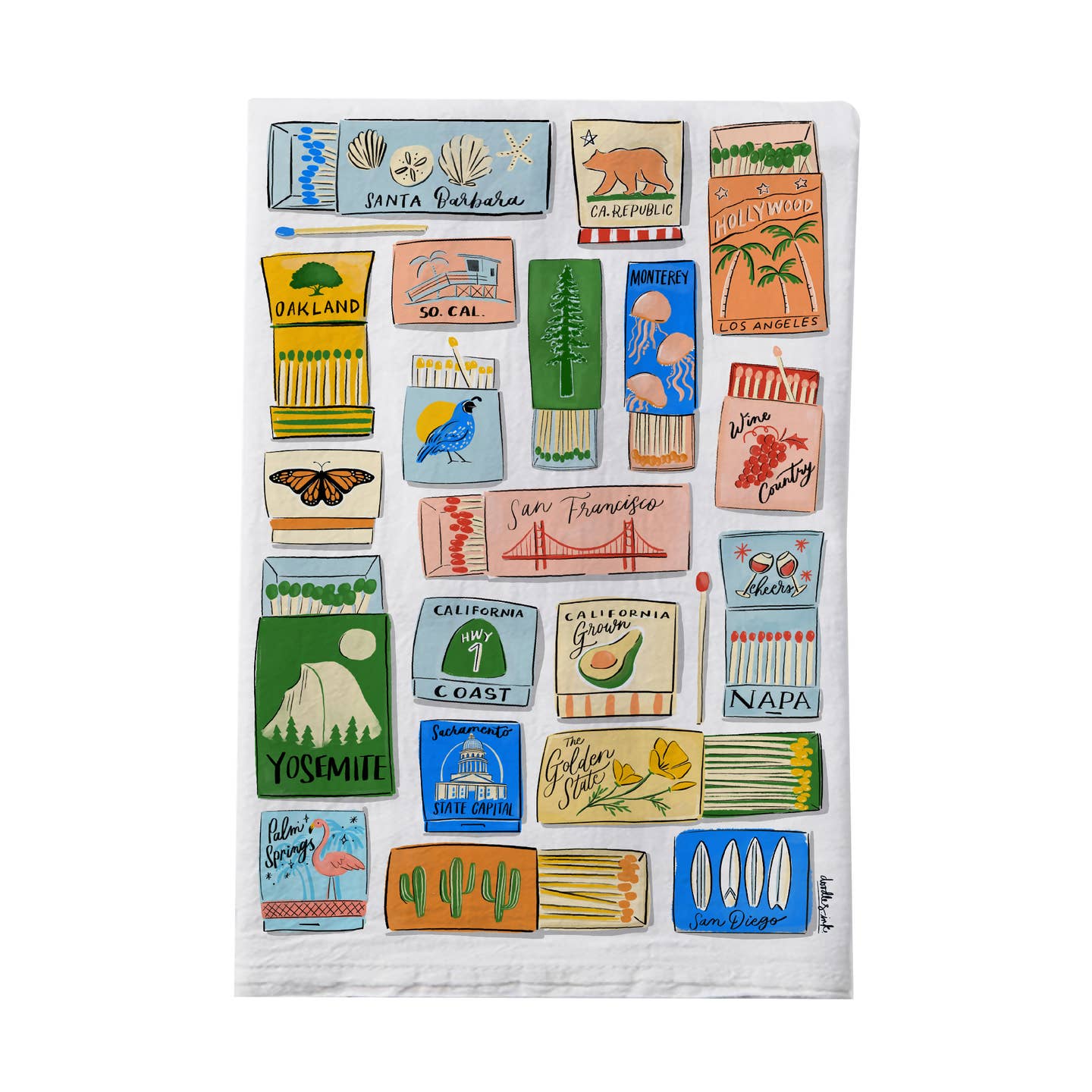 California landmarks tea towel with colorful matchbox-style blocks, folded on white