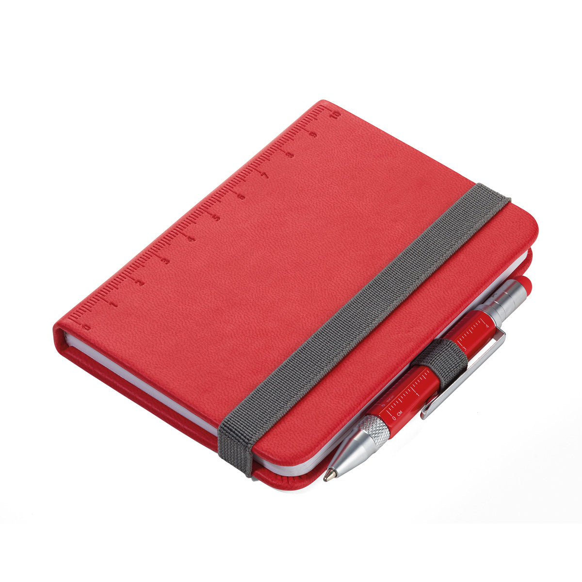 Red mini notebook with pen, elastic strap, ruler markings on cover