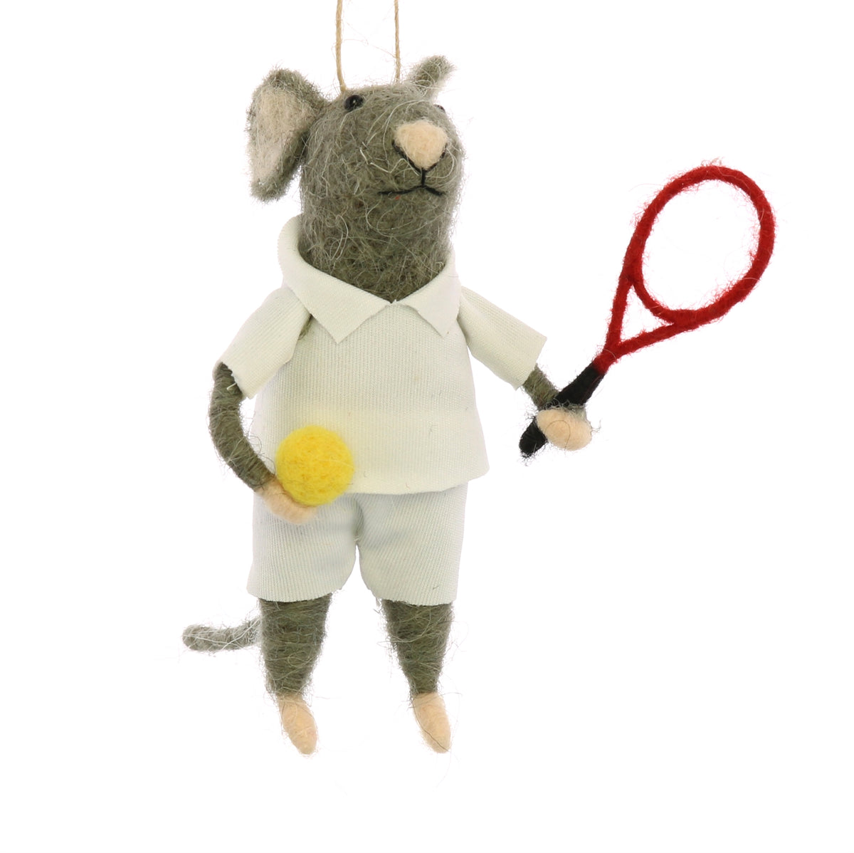 Gray felt mouse tennis player with white outfit, yellow ball, and red racket