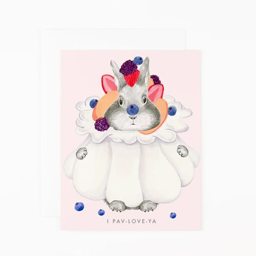 Greeting card with cute gray bunny wearing purple heart, surrounded by blue accents