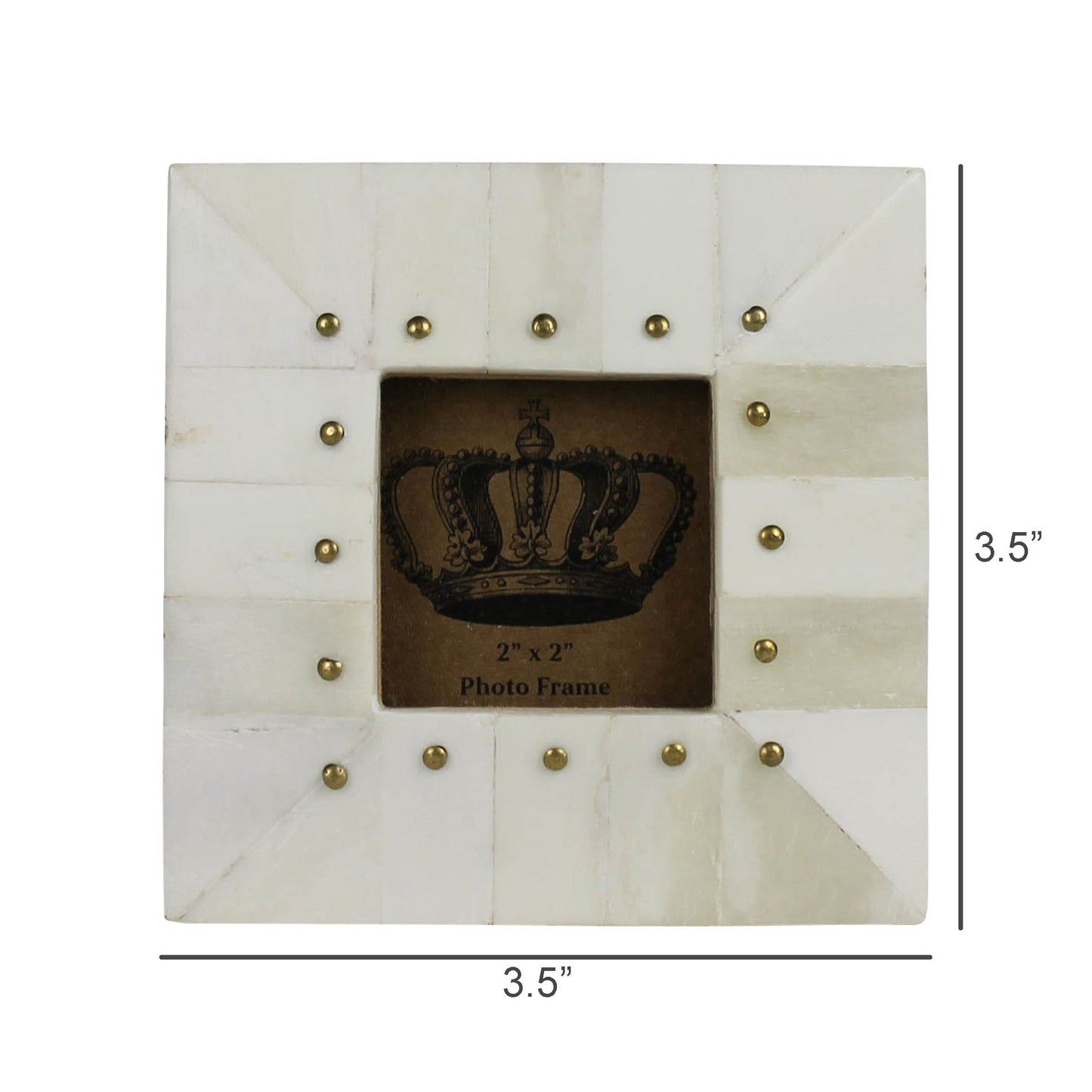 3.5 in square bone photo frame with brass rivets and crown artwork inset