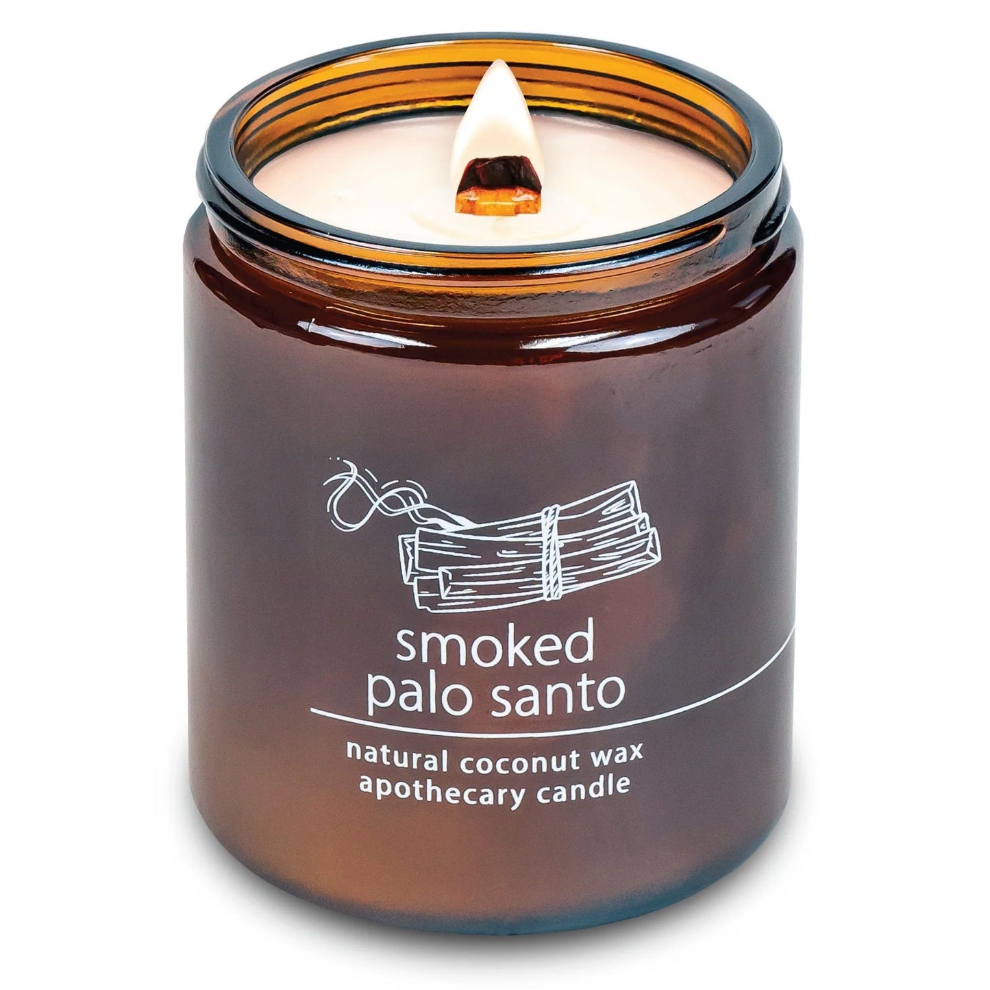 Smoked palo santo coconut wax candle, dark amber jar label, wood wick flame