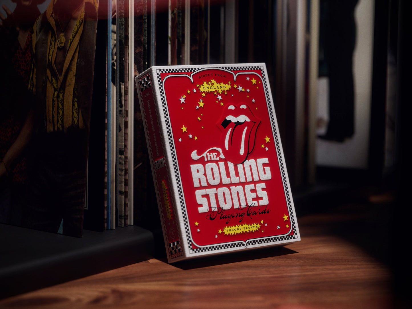 Playing cards deck box with red Rolling Stones lips design standing in a display