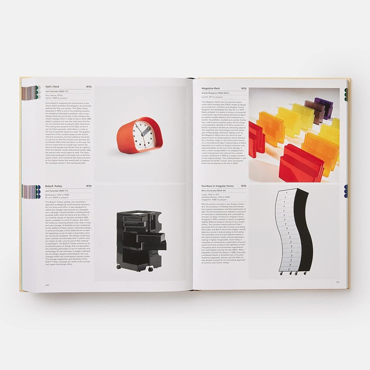 Open design book spread with clock, speaker, and colorful architectural illustrations.