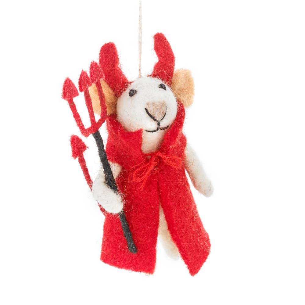 Felt devil mouse hanging decoration with red cape and pitchfork