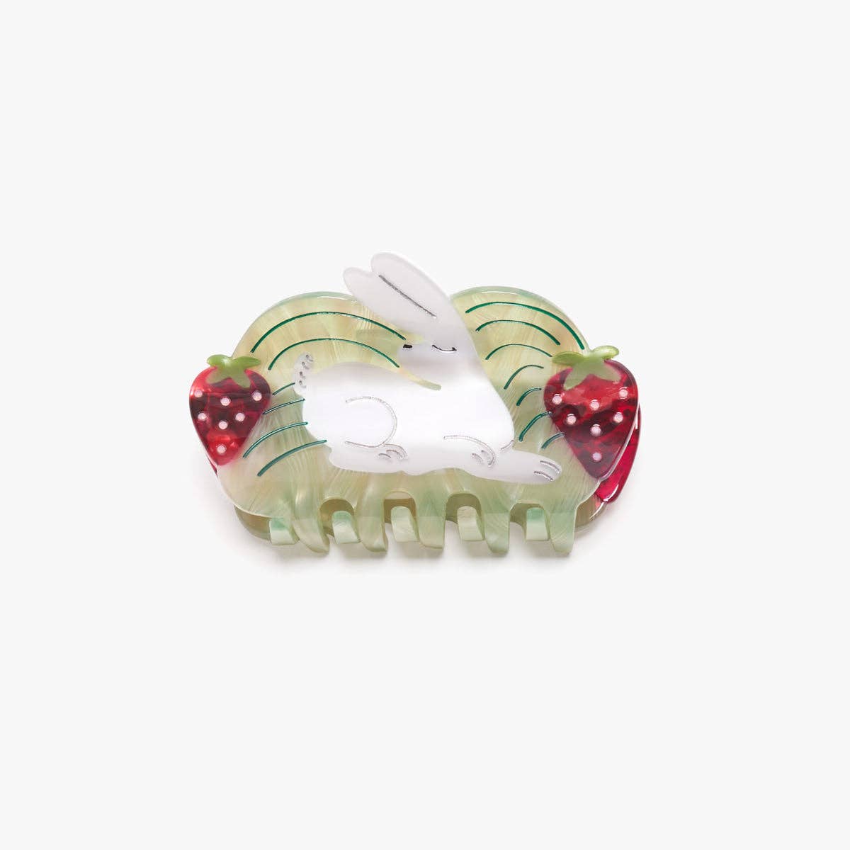 Rabbit hair claw with mint green base, white rabbit, and red strawberry accents