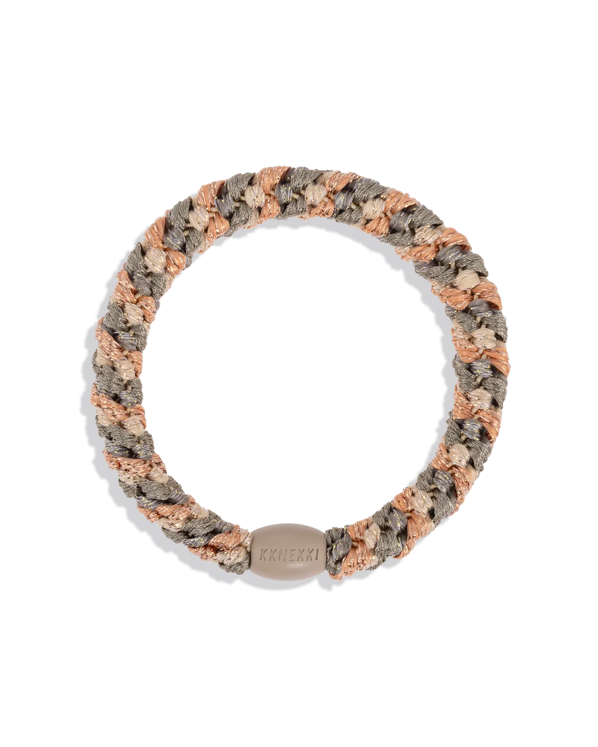 Woven hair band with brown and gray twisted weave and small oval logo tag