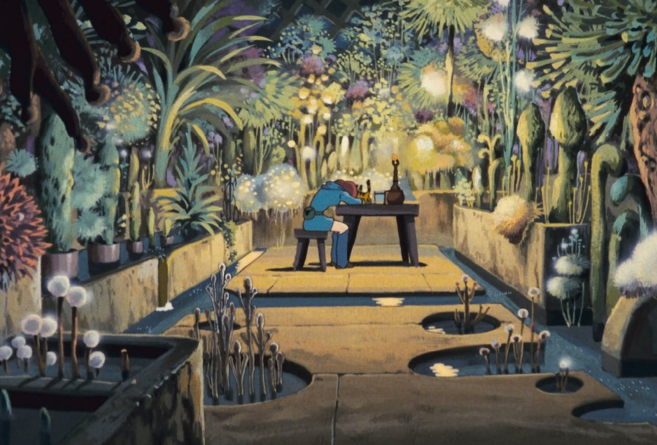 Forest garden postcard artwork with two seated characters at a stone table