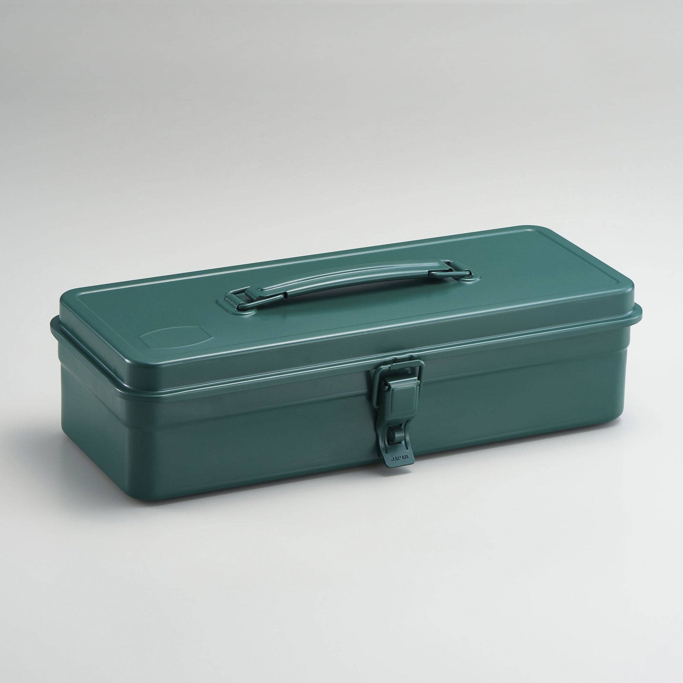 Antique green steel toolbox with top handle, flat lid, and metal latch