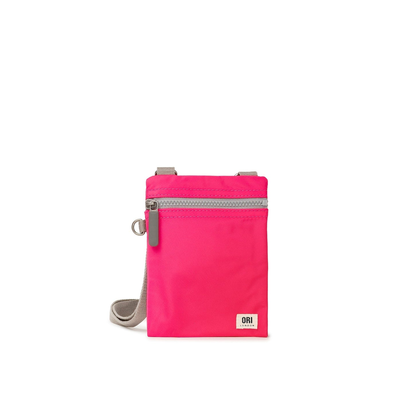 Hot pink recycled nylon pocket crossbody bag with top zipper and gray adjustable strap