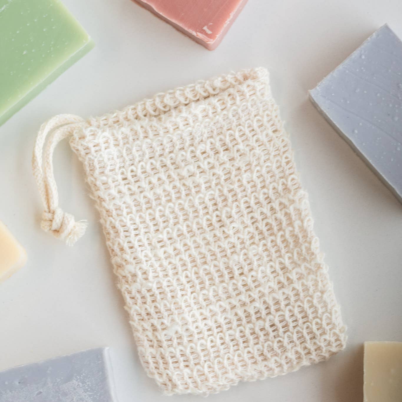 Casa Agave woven soap exfoliating bag, cream mesh pouch with drawstring loop