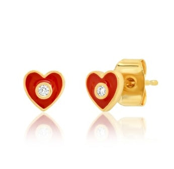 Red enamel heart stud earrings with round CZ accent, gold-tone backs